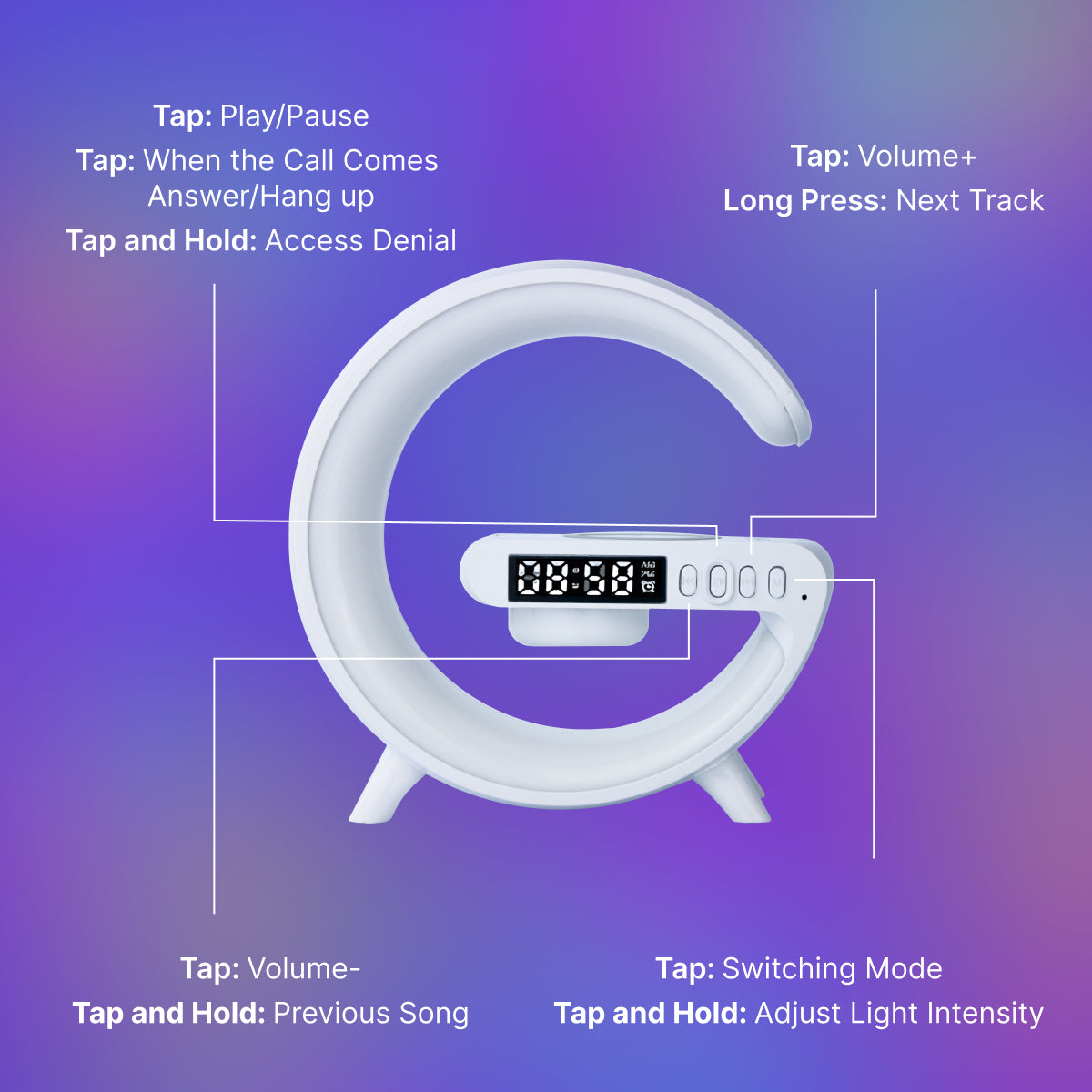 Smart G Shape Lamp – Wireless Charger with Built-in Speaker & Alarm Clock Smart G Shape Lamp – Wireless Charger with Built-in Speaker & Alarm Clock